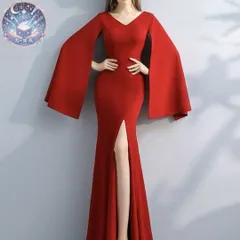 新品 未使用 シンプルオシャレな長袖 スリット入り イブニングドレス . 