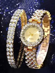 腕時計 レディース セット 3個セット レディースファッションカジュアル ローマンダイヤル フルダイヤモンド 英国風腕時計 ジュエリーアクセサリー付き、ファッションラインストーンブレスレットセット、ウェディング、コ