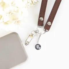 着脱簡単＊ケースに挟むだけ【名入れチャーム付き＊スマホショルダーストラップ/ブラウン×シルバー】イニシャル ネーム入り