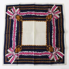 MWD25030 未使用 CELINE セリーヌ ハンカチ ネイビー×ホワイト×マルチカラー 総柄 リボン柄 綿 コットン