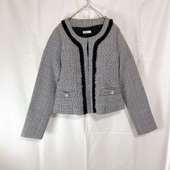 美品 axes femme アクシーズファム レディース ジャケット M ノーカラー ツイード ブラック グレー フリル リボン ビジュー シルバー ラメ パイピング キレイめ おしゃれ フォーマル お仕事着