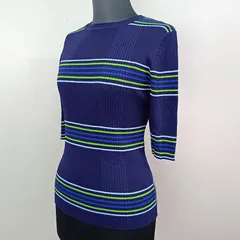 【タグ付き未使用】OFUON オフオン サマーニット リブ ボーダー カットソー 5分袖 ネイビー サイズ 38 M