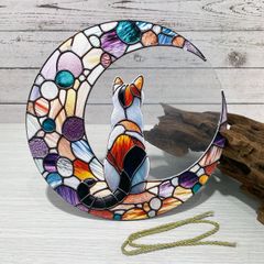 【月と猫】サンキャッチャー風アクリルオーナメント｜吊り下げ式ステンドグラス風インテリア／窓・壁装飾◎