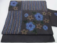 平和屋本店□希少 染色作家 山本由季 九寸名古屋帯 紬地 手描き 市松花  