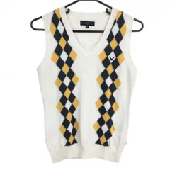 【美品】キャロウェイ ニットベスト 白×オレンジ×ネイビー 前面ダイヤ柄 ウール混 Vネック レディース M ゴルフウェア Callaway