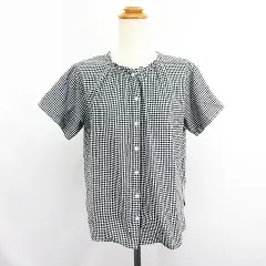 スタディオクリップ Studio Clip シャツ ブラウス 半袖 フリルカラー ギンガムチェック コットン M ブラック×ホワイト ※EKM