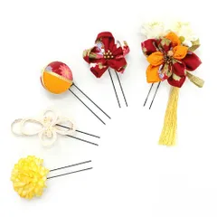 髪飾り ５点セット 山吹色 赤 成人式 花 つまみ細工 ちりめん 水引 和風 結婚式 浴衣 七五三 卒業式 入学式 ヘアアクセサリー 髪留め 日本製 送料無料 バレンタイン クリスマス 誕生日 辛子色 W 48 323-266 u770　Si