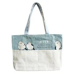 【新品】帆布 横型 トートバッグ ポケット付き キャンバス レディース ファスナー付き かわいい 動物 【25055】みるく 鳥 トリ フロントポケット トート バッグ  大きめ  肩掛け 軽量 A4 通勤 通学 エコバッグ マザーズバッグ