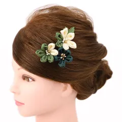 髪飾り 成人式 つまみ細工 振袖 前撮り 袴 浴衣 夏祭り 花火大会 豪華3点セット 緑 深緑 渋緑 白 ちりめん おしゃれ バイカラ No.9-4201