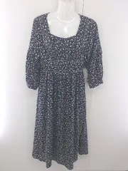 ◇ continuer de NICE CLAUP 花柄 配色 長袖 膝下丈 ワンピース サイズF ブラック アイボリー系 レディース E  【1302160024353】