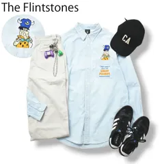 90s ヴィンテージ ワーナーブラザーズ Warner Bros 原始家族フリントストーン The Flintstones 刺繍 デザイン 長袖 ボタンダウン デニム シャツ ラウンドヘム  M アイスブルー メンズ