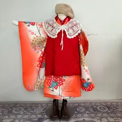 【セミアンティーク】七五三　3歳　女の子　孔雀柄　着物　半襦袢・被布セット　レトロ　＃きもの猫田　T355