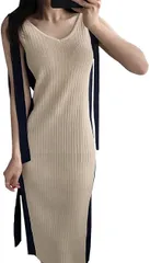 COCO&YUKA(ココアンドユカ) 肩 リボン ニット 膝丈 リブ ワンピース スリット ミニ タイト レディース Vネック ノースリーブ( ベージュ,  M)