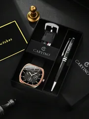 腕時計 メンズ セット 4点セット ラグジュアリーブランドギフト。メンズカジュアル ミニマリスト クォーツ腕時計1個、ブランド ボールペン ブラック1本、グリーティングカード(ランダムな祝福)1枚、オリジナルブラン