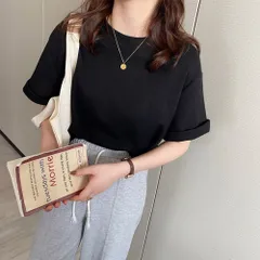 ☆ ブラック ☆ Lサイズ ☆ ワッフルカットソー クルーネック トップス ワッフル Tシャツ 半袖 レディース クルーネック ワッフル生地 半袖Tシャツ トップス カットソー おしゃれ シンプル 無地 春 夏 秋 カジュアル きれいめ 大人 オシャレ 薄手