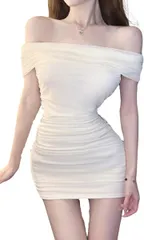 COCO&YUKA(ココアンドユカ) オフショルダー 胸元 セクシー ミニ ワンピース タイト 半袖 シフォン パーティー キャバ嬢 ドレス ミニワンピ レディース(ホワイト,  S)