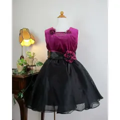 ワインレッド＆ブラックのベロアドレス　145サイズ　ひざ下丈　ワンピース　フォーマル　子供ドレス　1/2成人式　ピアノ発表会　音楽コンクール　結婚式　写真撮影　誕生日　クリスマス　ベルベット