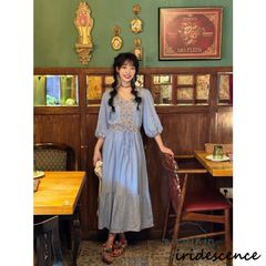 リゾートワンピース ワンピース レディース ロングワンピース 夏 パフスリーブ 刺繍 七分袖 ウエストドローストリング付き 白ワンピース VLFY10本日限定