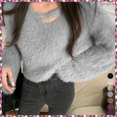 送料無料 クロップド丈シャギーニット Vネック長袖 ふわふわ ショート丈ニットトップス アシメトリーネック モヘアニットプルオーバー 秋冬シャギーセーター セクシー 韓国風 もこもこセーター黒 おしゃれ秋服着回し コンパクト ニット