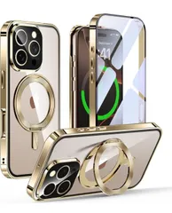 ★iPhone 16 Pro Max 用 ケース 両面保護 MagSafe対応 CDリング 360°回転スタンド 自動ポップアップロック付き アイフォン16プロマックス アルミバンパーケース Gunwon スマホケース