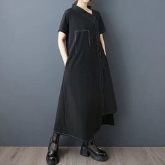 モード系  目を惹く デザインシャツワンピース イレギュラーカラー モードな印象 お洒落 ニューデザイン  半袖 ブラック 個性派  アシンメトリーデザイン Aライン ロングシャツドレス