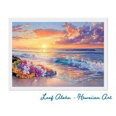 ハワイの海アート A4額付き｜祈りのレイと夕陽の海の風景 No.14 Leaf Aloha