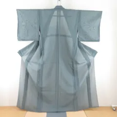 色無地 夏用 紗 単衣 広衿 絹 緑色 一つ紋 縫い紋 織田瓜紋 仕立て上がり 身丈161cm