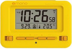 【送料無料】イイモノ(Iimono) 置き時計 イエロー/ブラウン 107×40×80mm ダブルアラーム 電波 スヌーズ カレンダー 温度計 ROC-01YE　※北海道・九州・沖縄・離島は別途送料（1100円～2200円）目覚まし　おしゃれ　大音量