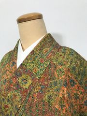 【中古】 Mサイズ 小紋 正絹 グリーン地に寄せ柄模様 袷着物 