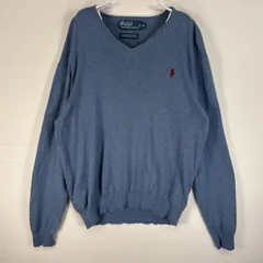 古着 90's/90年代 ポロバイラルフローレン Polo by Ralph Lauren 長袖 セーター ロゴ 刺繍 Vネック M  ブルー 無地 メンズ