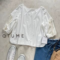 新品日本製！上質QTUME1.2万クチューム袖フリルバルーンスリーブ綿カットソー前後着用可能コットンカットソー