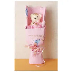 新品　シャボンフラワー ソープフラワー 造花 ギフト プレゼント ぬいぐるみ入り ブーケ バラ ポピー名古屋 花束 約34cm 専用ケース付き S-001 ピンク