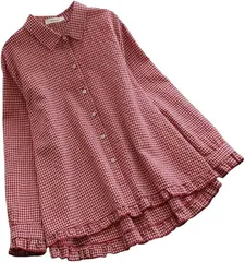 emptio 長袖 チェック柄 ブラウス レディース シフォン チュニック 襟なし レッド(ギンガムチェック柄レッド,  L)