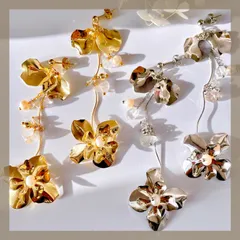 《304ステンレス 24KGP》ハンドメイドピアス 大ぶり メタルフラワー ロング お花 花びら 淡水パール ワイヤー クリア天然石 ブライダル アレルギー対応《イヤリング変更可能》