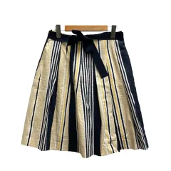 未使用品 エムズグレイシー M'S GRACY フレアスカート ひざ丈 ストライプ リボン リネン混 コットン混 EA-627328 38 ベージュ 紺 ネイビー 白 ホワイト 黄 イエロー