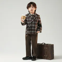 男の子スーツ フォーマルスーツ 4点セット ジャケット+ベスト+パンツ+ネクタイ チェック 子供服 キッズ 入園式 入学式 卒業式 演出 冠婚葬祭