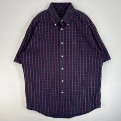 古着 トミーヒルフィガー TOMMY HILFIGER 半袖シャツ ロゴ 刺繍 胸ポケ L  ネイビー系 チェック メンズ