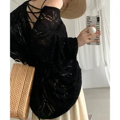 透かし編み ニットトップス レースアップ hyxz81