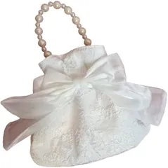 §Ｂｇ３ 浴衣バッグ 巾着 パーティー パール 結婚式 リボンポーチ 小さめ(ホワイト,  横20cmx縦20cm)