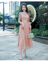 ブライズメイド ドレス 大人 ピアノ 発表会 ロングドレス 演奏会 結婚式 袖付き ミモレ丈 体型カバー 二次会 花嫁 clWd331