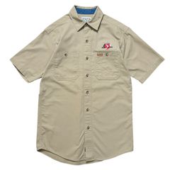 【M相当】Carhartt ワークシャツ 半袖 企業ロゴ 革パッチ ワッペン 一点物 ベージュ カーキ