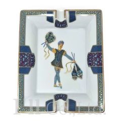 【新品同様】HERMES　エルメス　アッシュトレイ　陶器　ホワイト　ブルー　ゴールド　ブランド食器　インテリア小物　 小物入れ　プレート　トレー　アッシュトレー　灰皿　スクエア　踊り子　女性【中古】【74897】