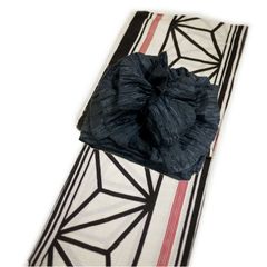浴衣 2点 セット 綿紅梅織 綿麻 麻混（生成りに赤黒 麻の葉柄）浴衣/帯/ レトロ 粋 レディース 女性 和装 デート お祭り 夏祭り 花火