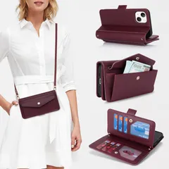 13 iphone スタンド機能 iphone 財布型 スマホケース 耐衝撃 大容量 耐久性 カード収納 全面保護 ケース 女性 ケース 肩がけ 14 首掛け ショルダー 斜め掛け スマホ ショルダー 手帳型 携帯カバー いphone14 -ワインレッド 【H