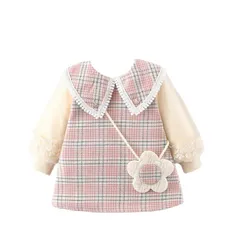 70_100 [Lezalic] ワンピース ピンク チェック柄 花ポシェット (飾り) 女の子 入園式 フォーマル 発表会 結婚式 誕生日 お出かけ キッズ (100)