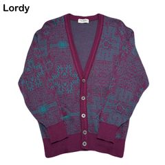 Lordy 昭和レトロ ヴィンテージ 総柄 個性派 幾何学模様 パープル グリーン メンズ レディース ウール100% ニット カーディガン Lサイズ