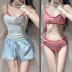 水着 レディース セパレート 四点セット チェック柄 吊り帯 レトロ 純欲風 ビキニ 温泉 海辺 M250613-131