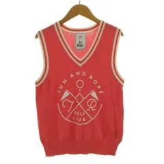 ジュン アンド ロペ Jun and Rope ベスト ニット Vネック ロゴプリント コットン混 配色 ピンク アイボリー L