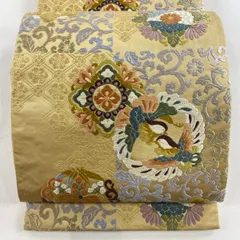 袋帯 秀品 向かい鳥 華文 唐織 箔 ベージュ 六通 正絹 【中古】