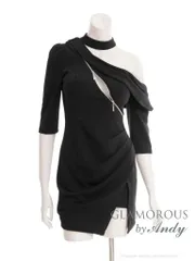 Mブラック[OF05] [GMS-V890-DGY-2510]【Andy GLAMOROUS/アンディグラマラス】チョーカーデザイン/ ワンショルダー/ 半袖/ 袖あり/ フロントジップ/ ストレッチ/ タイト/ ミニドレス/ キャバドレス